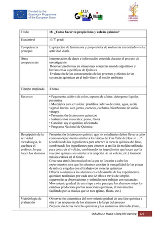 ERASMUS+ Music is long life learning 129
Título 18 ¿Cómo hacer tu propio limo y volcán químico?
Edad/nivel 13/7º grado
Competencia
principal
Exploración de fenómenos y propiedades de sustancias encontradas en la
actividad diaria
Otras
competencias
Interpretación de datos e información obtenida durante el proceso de
investigación
Resolver problemas en situaciones concretas usando algoritmos y
herramientas específicas de Química
Evaluación de las consecuencias de los procesos y efectos de las
sustancias químicas en el individuo y el medio ambiente
Tiempo empleado 4 horas
Recursos • Pegamento, aditivo de color, espuma de afeitar, detergente líquido,
purpurina
• Materiales para el volcán: plastilina (aditivo de color, agua, aceite
vegetal, harina, sal), jarras, cuencos, cucharas, bicarbonato de sodio,
vinagre
• Presentación de procesos químicos
• Instrumentos musicales: piano, flauta
• Canción: soy el químico aficionado
• Programa Nacional de Química
Descripción de la
actividad:
metodología, lo
que hace el
profesor, lo que
hacen los alumnos
Presentación del proceso químico que los estudiantes deben llevar a cabo
como un experimento similar a los videos de You Tube de How to ....?
(combinando los ingredientes para obtener la mezcla química del limo,
combinando los ingredientes para obtener la arcilla de moldeo utilizada
para construir el volcán, combinando los ingredientes que hacen que la
reacción química sea similar a la erupción de un volcán, etc.) teniendo
música clásica en el fondo
Crear una atmósfera musical en la que se llevarán a cabo los
experimentos para que los alumnos asocien la tranquilidad de las piezas
de música elegidas con el trabajo con mezclas químicas
Ofrecer asistencia a los alumnos en el desarrollo de los experimentos
químicos realizados por cada uno de ellos a través de simples
sugerencias u observaciones y estímulo para trabajar con sustancias
Movimiento gradual de una etapa a otra para que los alumnos noten los
cambios producidos por las reacciones químicas, el movimiento
facilitado por la música que se toca (piano, flauta, etc.)
Metodología de
evaluación
Observación sistemática del movimiento gradual de una fase química a
otra y las respuestas de los alumnos a lo largo del proceso
Preparación de las mezclas químicas y las sustancias obtenidas (limo,
 