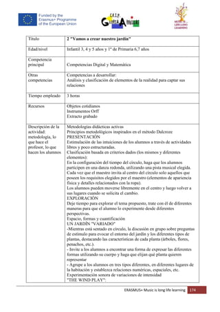 ERASMUS+ Music is long life learning 174
Título 2 "Vamos a crear nuestro jardín"
Edad/nivel Infantil 3, 4 y 5 años y 1º de Primaria 6,7 años
Competencia
principal Competencias Digital y Matemática
Otras
competencias
Competencias a desarrollar:
Análisis y clasificación de elementos de la realidad para captar sus
relaciones
Tiempo empleado 3 horas
Recursos Objetos cotidianos
Instrumentos Orff
Extracto grabado
Descripción de la
actividad:
metodología, lo
que hace el
profesor, lo que
hacen los alumnos
Metodologías didácticas activas
Principios metodológicos inspirados en el método Dalcroze
PRESENTACIÓN
Estimulación de las intuiciones de los alumnos a través de actividades
libres y poco estructuradas.
Clasificación basada en criterios dados (los mismos y diferentes
elementos):
En la configuración del tiempo del círculo, haga que los alumnos
participen en una danza redonda, utilizando una pista musical elegida.
Cada vez que el maestro invita al centro del círculo solo aquellos que
poseen los requisitos elegidos por el maestro (elementos de apariencia
física y detalles relacionados con la ropa).
Los alumnos pueden moverse libremente en el centro y luego volver a
sus lugares cuando se solicita el cambio.
EXPLORACIÓN
Deje tiempo para explorar el tema propuesto, trate con él de diferentes
maneras para que el alumno lo experimente desde diferentes
perspectivas.
Espacio, formas y cuantificación
UN JARDÍN "VARIADO"
-Mientras está sentado en círculo, la discusión en grupo sobre preguntas
de estímulo para evocar el entorno del jardín y los diferentes tipos de
plantas, destacando las características de cada planta (árboles, flores,
penachos, etc.).
- Invite a los alumnos a encontrar una forma de expresar las diferentes
formas utilizando su cuerpo y haga que elijan qué planta quieren
representar
- Agrupe a los alumnos en tres tipos diferentes, en diferentes lugares de
la habitación y establezca relaciones numéricas, espaciales, etc.
Experimentación sonora de variaciones de intensidad
"THE WIND PLAY":
 