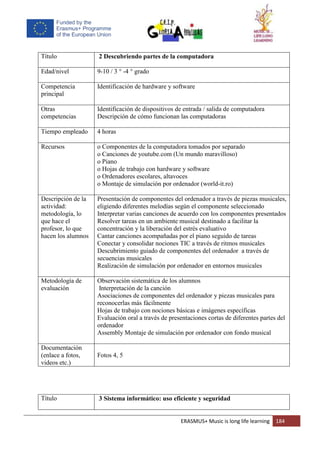 ERASMUS+ Music is long life learning 184
Título 2 Descubriendo partes de la computadora
Edad/nivel 9-10 / 3 ° -4 ° grado
Competencia
principal
Identificación de hardware y software
Otras
competencias
Identificación de dispositivos de entrada / salida de computadora
Descripción de cómo funcionan las computadoras
Tiempo empleado 4 horas
Recursos o Componentes de la computadora tomados por separado
o Canciones de youtube.com (Un mundo maravilloso)
o Piano
o Hojas de trabajo con hardware y software
o Ordenadores escolares, altavoces
o Montaje de simulación por ordenador (world-it.ro)
Descripción de la
actividad:
metodología, lo
que hace el
profesor, lo que
hacen los alumnos
Presentación de componentes del ordenador a través de piezas musicales,
eligiendo diferentes melodías según el componente seleccionado
Interpretar varias canciones de acuerdo con los componentes presentados
Resolver tareas en un ambiente musical destinado a facilitar la
concentración y la liberación del estrés evaluativo
Cantar canciones acompañadas por el piano seguido de tareas
Conectar y consolidar nociones TIC a través de ritmos musicales
Descubrimiento guiado de componentes del ordenador a través de
secuencias musicales
Realización de simulación por ordenador en entornos musicales
Metodología de
evaluación
Observación sistemática de los alumnos
Interpretación de la canción
Asociaciones de componentes del ordenador y piezas musicales para
reconocerlas más fácilmente
Hojas de trabajo con nociones básicas e imágenes específicas
Evaluación oral a través de presentaciones cortas de diferentes partes del
ordenador
Assembly Montaje de simulación por ordenador con fondo musical
Documentación
(enlace a fotos,
videos etc.)
Fotos 4, 5
Título 3 Sistema informático: uso eficiente y seguridad
 