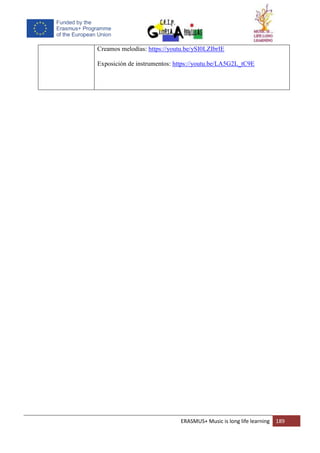 ERASMUS+ Music is long life learning 189
Creamos melodías: https://youtu.be/ySI0LZIbrIE
Exposición de instrumentos: https://youtu.be/LA5G2L_tC9E
 