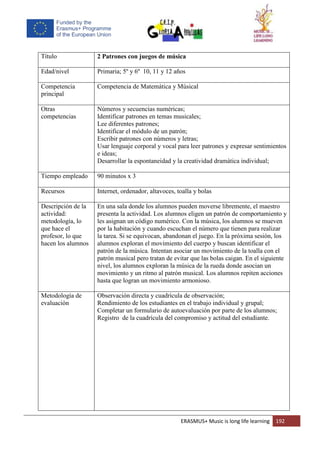 ERASMUS+ Music is long life learning 192
Título 2 Patrones con juegos de música
Edad/nivel Primaria; 5º y 6º 10, 11 y 12 años
Competencia
principal
Competencia de Matemática y Músical
Otras
competencias
Números y secuencias numéricas;
Identificar patrones en temas musicales;
Lee diferentes patrones;
Identificar el módulo de un patrón;
Escribir patrones con números y letras;
Usar lenguaje corporal y vocal para leer patrones y expresar sentimientos
e ideas;
Desarrollar la espontaneidad y la creatividad dramática individual;
Tiempo empleado 90 minutos x 3
Recursos Internet, ordenador, altavoces, toalla y bolas
Descripción de la
actividad:
metodología, lo
que hace el
profesor, lo que
hacen los alumnos
En una sala donde los alumnos pueden moverse libremente, el maestro
presenta la actividad. Los alumnos eligen un patrón de comportamiento y
les asignan un código numérico. Con la música, los alumnos se mueven
por la habitación y cuando escuchan el número que tienen para realizar
la tarea. Si se equivocan, abandonan el juego. En la próxima sesión, los
alumnos exploran el movimiento del cuerpo y buscan identificar el
patrón de la música. Intentan asociar un movimiento de la toalla con el
patrón musical pero tratan de evitar que las bolas caigan. En el siguiente
nivel, los alumnos exploran la música de la rueda donde asocian un
movimiento y un ritmo al patrón musical. Los alumnos repiten acciones
hasta que logran un movimiento armonioso.
Metodología de
evaluación
Observación directa y cuadrícula de observación;
Rendimiento de los estudiantes en el trabajo individual y grupal;
Completar un formulario de autoevaluación por parte de los alumnos;
Registro de la cuadrícula del compromiso y actitud del estudiante.
 