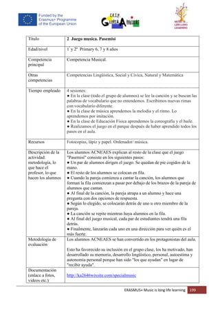 ERASMUS+ Music is long life learning 199
Título 2 Juego musica. Pasemisí
Edad/nivel 1º
y 2º Primary 6, 7 y 8 años
Competencia
principal
Competencia Musical.
Otras
competencias
Competencias Lingüística, Social y Cívica, Natural y Matemática
Tiempo empleado 4 sesiones:
● En la clase (todo el grupo de alumnos) se lee la canción y se buscan las
palabras de vocabulario que no entendemos. Escribimos nuevas rimas
con vocabulario diferente.
● En la clase de música aprendemos la melodía y el ritmo. Lo
aprendemos por imitación.
● En la clase de Educación Física aprendemos la coreografía y el baile.
● Realizamos el juego en el parque después de haber aprendido todos los
pasos en el aula.
Recursos Fotocopias, lápiz y papel. Ordenador/ música.
Descripción de la
actividad:
metodología, lo
que hace el
profesor, lo que
hacen los alumnos
Los alumnos ACNEAES explican al resto de la clase que el juego
"Pasemisí" consiste en los siguientes pasos:
● Un par de alumnos dirigen el juego. Se quedan de pie cogidos de la
mano.
● El resto de los alumnos se colocan en fila.
● Cuando la pareja comienza a cantar la canción, los alumnos que
forman la fila comienzan a pasar por debajo de los brazos de la pareja de
alumnos que cantan.
● Al final de la canción, la pareja atrapa a un alumno y hace una
pregunta con dos opciones de respuesta.
● Según lo elegido, se colocarán detrás de uno u otro miembro de la
pareja.
● La canción se repite mientras haya alumnos en la fila.
● Al final del juego musical, cada par de estudiantes tendrá una fila
detrás.
● Finalmente, lanzarán cada uno en una dirección para ver quién es el
más fuerte.
Metodología de
evaluación
Los alumnos ACNEAES se han convertido en los protagonistas del aula.
Esto ha favorecido su inclusión en el grupo clase, los ha motivado, han
desarrollado su memoria, desarrollo lingüístico, personal, autoestima y
autonomía personal porque han sido "los que ayudan" en lugar de
"recibir ayuda".
Documentación
(enlace a fotos,
videos etc.)
http://ka2646wixsite.com/specialmusic
 