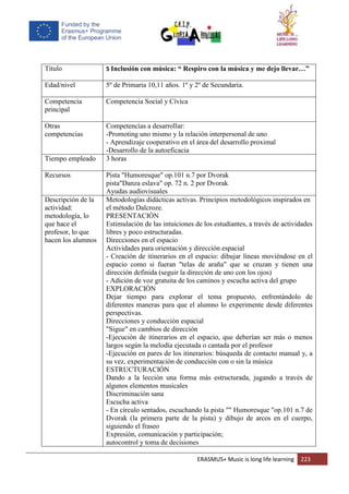 ERASMUS+ Music is long life learning 223
Título 5 Inclusión con música: “ Respiro con la música y me dejo llevar…”
Edad/nivel 5º de Primaria 10,11 años. 1º y 2º de Secundaria.
Competencia
principal
Competencia Social y Cívica
Otras
competencias
Competencias a desarrollar:
-Promoting uno mismo y la relación interpersonal de uno
- Aprendizaje cooperativo en el área del desarrollo proximal
-Desarrollo de la autoeficacia
Tiempo empleado 3 horas
Recursos Pista "Humoresque" op.101 n.7 por Dvorak
pista"Danza eslava" op. 72 n. 2 por Dvorak
Ayudas audiovisuales
Descripción de la
actividad:
metodología, lo
que hace el
profesor, lo que
hacen los alumnos
Metodologías didácticas activas. Principios metodológicos inspirados en
el método Dalcroze.
PRESENTACIÓN
Estimulación de las intuiciones de los estudiantes, a través de actividades
libres y poco estructuradas.
Direcciones en el espacio
Actividades para orientación y dirección espacial
- Creación de itinerarios en el espacio: dibujar líneas moviéndose en el
espacio como si fueran "telas de araña" que se cruzan y tienen una
dirección definida (seguir la dirección de uno con los ojos)
- Adición de voz gratuita de los caminos y escucha activa del grupo
EXPLORACIÓN
Dejar tiempo para explorar el tema propuesto, enfrentándolo de
diferentes maneras para que el alumno lo experimente desde diferentes
perspectivas.
Direcciones y conducción espacial
"Sigue" en cambios de dirección
-Ejecución de itinerarios en el espacio, que deberían ser más o menos
largos según la melodía ejecutada o cantada por el profesor
-Ejecución en pares de los itinerarios: búsqueda de contacto manual y, a
su vez, experimentación de conducción con o sin la música
ESTRUCTURACIÓN
Dando a la lección una forma más estructurada, jugando a través de
algunos elementos musicales
Discriminación sana
Escucha activa
- En círculo sentados, escuchando la pista "" Humoresque "op.101 n.7 de
Dvorak (la primera parte de la pista) y dibujo de arcos en el cuerpo,
siguiendo el fraseo
Expresión, comunicación y participación;
autocontrol y toma de decisiones
 