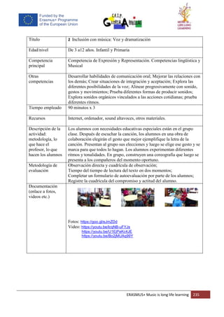 ERASMUS+ Music is long life learning 235
Título 2 Inclusión con música: Voz y dramatización
Edad/nivel De 3 a12 años. Infantil y Primaria
Competencia
principal
Competencia de Expresión y Representación. Competencias lingüística y
Musical
Otras
competencias
Desarrollar habilidades de comunicación oral; Mejorar las relaciones con
los demás; Crear situaciones de integración y aceptación; Explora las
diferentes posibilidades de la voz; Alinear progresivamente con sonido,
gestos y movimientos; Prueba diferentes formas de producir sonidos;
Explora sonidos orgánicos vinculados a las acciones cotidianas; prueba
diferentes ritmos.
Tiempo empleado 90 minutos x 3
Recursos Internet, ordenador, sound altavoces, otros materiales.
Descripción de la
actividad:
metodología, lo
que hace el
profesor, lo que
hacen los alumnos
Los alumnos con necesidades educativas especiales están en el grupo
clase. Después de escuchar la canción, los alumnos en una obra de
colaboración elegirán el gesto que mejor ejemplifique la letra de la
canción. Presentan al grupo sus elecciones y luego se elige ese gesto y se
marca para que todos lo hagan. Los alumnos experimentan diferentes
ritmos y tonalidades. En grupo, construyen una coreografía que luego se
presenta a los compañeros del momento oportuno.
Metodología de
evaluación
Observación directa y cuadrícula de observación;
Tiempo del tiempo de lectura del texto en dos momentos;
Completar un formulario de autoevaluación por parte de los alumnos;
Registre la cuadrícula del compromiso y actitud del alumno.
Documentación
(enlace a fotos,
videos etc.)
Fotos: https://goo.gl/eJmZDd
Video: https://youtu.be/lcqNB-uFYJs
https://youtu.be/U1EjPaKc4JE
https://youtu.be/Bo2jMUAq99Y
 