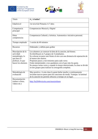 ERASMUS+ Music is long life learning 241
Título 4 ¡ A bailar!
Edad/nivel 1er nivel de Primaria: 6-7 años
Competencia
principal
Competencias Musical y Digital
Otras
competencias
Competencia Cultural y Artística. Autonomía e iniciativa personal.
Tiempo empleado 1 sesión de 60 minutos
Recursos Ordenador y tableta para grabar
Descripción de la
actividad:
metodología, lo
que hace el
profesor, lo que
hacen los alumnos
Los alumnos ya conocen la letra de la canción, del himno.
Se distribuyen en 5 grupos de 4 estudiantes.
Se colocan en pares uno frente al otro con una distancia de separación de
al menos dos metros.
Proponen pasos y movimientos para cada verso.
Están interpretando y nos quedamos con el que más les gusta.
Se ensaya varias veces y cuando lo tienen interiorizado, la clase se divide
en dos grupos para realizar la coreografía completa.
Metodología de
evaluación
Muy positivo. A esta clase le gusta bailar mucho y continuamente
inventan nuevos pasos para las canciones de moda. Ventajas: la lentitud
de la canción les permite ubicarse a tiempo en su lugar.
Documentación
(enlace a fotos,
videos etc.)
http://ka2646wixsite.com/musictolearn
 