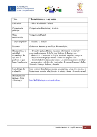 ERASMUS+ Music is long life learning 244
Título 7 Descubrimos qué es un himno
Edad/nivel 2 ° nivel de Primaria 7-8 años
Competencia
principal
Competencias Lingüística y Musical.
Otras
competencias
Competencia Digital.
Tiempo empleado 4 sesiones: 45 minutos
Recursos Ordenador: Youtube y noteflight. Pizarra digital.
Descripción de la
actividad:
metodología, lo
que hace el
profesor, lo que
hacen los alumnos
1.- Descubre qué es el himno buscando información en internet y
escuchando una parte de la Novena Sinfonía de Beethoveen.
2.- Reconocer el himno de la alegría, himno de los países europeos.
3.- Escucha nuestro propio himno: "como una pequeña flor".
4.- Completa la letra de nuestro himno. Los alumnos quisieron nombrar
y que apareciera en la letra los cinco países de nuestro Erasmus+: Italia,
Rumanía, Portugal, Polonia y España.
Metodología de
evaluación
Muy positivo. Los alumnos querían aprender más sobre otros músicos e
hicieron una pequeña relación entre la música clásica y la música actual.
Documentación
(enlace a fotos,
videos etc.) http://ka2646wixsite.com/musictolearn
 