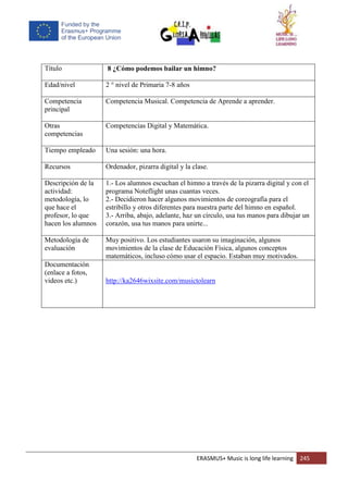 ERASMUS+ Music is long life learning 245
Título 8 ¿Cómo podemos bailar un himno?
Edad/nivel 2 ° nivel de Primaria 7-8 años
Competencia
principal
Competencia Musical. Competencia de Aprende a aprender.
Otras
competencias
Competencias Digital y Matemática.
Tiempo empleado Una sesión: una hora.
Recursos Ordenador, pizarra digital y la clase.
Descripción de la
actividad:
metodología, lo
que hace el
profesor, lo que
hacen los alumnos
1.- Los alumnos escuchan el himno a través de la pizarra digital y con el
programa Noteflight unas cuantas veces.
2.- Decidieron hacer algunos movimientos de coreografía para el
estribillo y otros diferentes para nuestra parte del himno en español.
3.- Arriba, abajo, adelante, haz un círculo, usa tus manos para dibujar un
corazón, usa tus manos para unirte...
Metodología de
evaluación
Muy positivo. Los estudiantes usaron su imaginación, algunos
movimientos de la clase de Educación Física, algunos conceptos
matemáticos, incluso cómo usar el espacio. Estaban muy motivados.
Documentación
(enlace a fotos,
videos etc.) http://ka2646wixsite.com/musictolearn
 