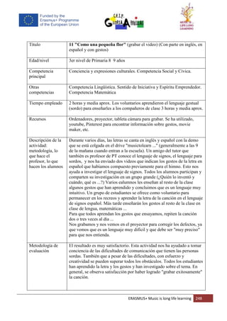 ERASMUS+ Music is long life learning 248
Título 11 "Como una pequeña flor" (grabar el video) (Con parte en inglés, en
español y con gestos)
Edad/nivel 3er nivel de Primaria 8 9 años
Competencia
principal
Conciencia y expresiones culturales. Competencia Social y Cívica.
Otras
competencias
Competencia Lingüística. Sentido de Iniciativa y Espíritu Emprendedor.
Competencia Matemática
Tiempo empleado 2 horas y media aprox. Los voluntarios aprendieron el lenguaje gestual
(sordo) para enseñarles a los compañeros de clase 3 horas y media aprox.
Recursos Ordenadores, proyector, tableta cámara para grabar. Se ha utilizado,
youtube, Pinterest para encontrar información sobre gestos, movie
maker, etc.
Descripción de la
actividad:
metodología, lo
que hace el
profesor, lo que
hacen los alumnos
Durante varios días, las letras se canta en inglés y español con la demo
que se está colgada en el drive "musictolearn ..." (generalmente a las 9
de la mañana cuando entran a la escuela). Un amigo del tutor que
también es profesor de PT conoce el lenguaje de signos, el lenguaje para
sordos, y nos ha enviado dos videos que indican los gestos de la letra en
español que habíamos compuesto previamente para el himno. Esto nos
ayuda a investigar el lenguaje de signos. Todos los alumnos participan y
comparten su investigación en un grupo grande (¿Quién lo inventó y
cuándo, qué es ...?) Varios ealumnos les enseñan al resto de la clase
algunos gestos que han aprendido y concluimos que es un lenguaje muy
intuitivo. Un grupo de estudiantes se ofrece como voluntario para
permanecer en los recreos y aprender la letra de la canción en el lenguaje
de signos español. Más tarde enseñarán los gestos al resto de la clase en
clase de lengua, matemáticas ...
Para que todos aprendan los gestos que ensayamos, repiten la canción
dos o tres veces al día ...
Nos grabamos y nos vemos en el proyector para corregir los defectos, ya
que vemos que es un lenguaje muy difícil y que debe ser "muy preciso"
para que nos entienda.
Metodología de
evaluación
El resultado es muy satisfactorio. Esta actividad nos ha ayudado a tomar
conciencia de las dificultades de comunicación que tienen las personas
sordas. También que a pesar de las dificultades, con esfuerzo y
creatividad se pueden superar todos los obstáculos. Todos los estudiantes
han aprendido la letra y los gestos y han investigado sobre el tema. En
general, se observa satisfacción por haber logrado "grabar exitosamente"
la canción.
 