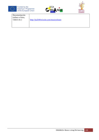 ERASMUS+ Music is long life learning 249
Documentación
(enlace a fotos,
videos etc.) http://ka2646wixsite.com/musictolearn
 