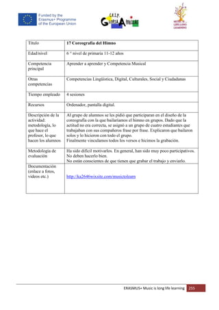 ERASMUS+ Music is long life learning 255
Título 17 Coreografía del Himno
Edad/nivel 6 ° nivel de primaria 11-12 años
Competencia
principal
Aprender a aprender y Competencia Musical
Otras
competencias
Competencias Lingüística, Digital, Culturales, Social y Ciudadanas
Tiempo empleado 4 sesiones
Recursos Ordenador, pantalla digital.
Descripción de la
actividad:
metodología, lo
que hace el
profesor, lo que
hacen los alumnos
Al grupo de alumnos se les pidió que participaran en el diseño de la
coreografía con la que bailaríamos el himno en grupos. Dado que la
actitud no era correcta, se asignó a un grupo de cuatro estudiantes que
trabajaban con sus compañeros frase por frase. Explicaron que bailaron
solos y lo hicieron con todo el grupo.
Finalmente vinculamos todos los versos e hicimos la grabación.
Metodología de
evaluación
Ha sido difícil motivarlos. En general, han sido muy poco participativos.
No deben hacerlo bien.
No están conscientes de que tienen que grabar el trabajo y enviarlo.
Documentación
(enlace a fotos,
videos etc.) http://ka2646wixsite.com/musictolearn
 