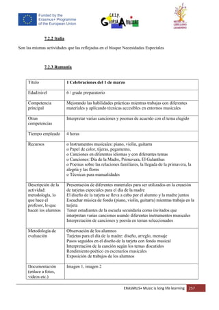 ERASMUS+ Music is long life learning 257
7.2.2 Italia
Son las mismas actividades que las reflejadas en el bloque Necesidades Especiales
7.2.3 Rumanía
Título 1 Celebraciones del 1 de marzo
Edad/nivel 6 / grado preparatorio
Competencia
principal
Mejorando las habilidades prácticas mientras trabajas con diferentes
materiales y aplicando técnicas accesibles en entornos musicales
Otras
competencias
Interpretar varias canciones y poemas de acuerdo con el tema elegido
Tiempo empleado 4 horas
Recursos o Instrumentos musicales: piano, violín, guitarra
o Papel de color, tijeras, pegamento,
o Canciones en diferentes idiomas y con diferentes temas
o Canciones: Día de la Madre, Primavera, El Galanthus
o Poemas sobre las relaciones familiares, la llegada de la primavera, la
alegría y las flores
o Técnicas para manualidades
Descripción de la
actividad:
metodología, lo
que hace el
profesor, lo que
hacen los alumnos
Presentación de diferentes materiales para ser utilizados en la creación
de tarjetas especiales para el día de la madre
El diseño de la tarjeta se lleva a cabo por el alumno y la madre juntos
Escuchar música de fondo (piano, violín, guitarra) mientras trabaja en la
tarjeta
Tener estudiantes de la escuela secundaria como invitados que
interpretan varias canciones usando diferentes instrumentos musicales
Interpretación de canciones y poesía en temas seleccionados
Metodología de
evaluación
Observación de los alumnos
Tarjetas para el día de la madre: diseño, arreglo, mensaje
Pasos seguidos en el diseño de la tarjeta con fondo musical
Interpretación de la canción según los temas discutidos
Rendimiento poético en escenarios musicales
Exposición de trabajos de los alumnos
Documentación
(enlace a fotos,
videos etc.)
Imagen 1, imagen 2
 