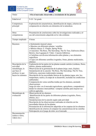 ERASMUS+ Music is long life learning 261
Título 4 En el mercado: desarrollo y crecimiento de las plantas
Edad/nivel 9-10 / 3er grado
Competencia
principal
Exploración de características, identificación de etapas, criterios de
comparación en relación con elementos de la naturaleza
Otras
competencias
Presentación de conclusiones sobre las investigaciones realizadas y el
uso del conocimiento adquirido en la vida cotidiana
Tiempo empleado 4 horas
Recursos o Instrumento musical: piano
o Macetas con diferentes plantas / semillas
o Música clásica: F. Chopin, Spring Waltz
o Canciones: The Rose, The Snowdrop, The Fir Tree, Edelweiss (Ducu
Bertzi), Ana Lugojana (I. Vidu) - Canción folklórica
o Cartulinas con diversa información sobre plantas y sus elementos
específicos
o Cajas con diferentes semillas (vegetales, frutas, plantas medicinales,
árboles)
Descripción de la
actividad:
metodología, lo
que hace el
profesor, lo que
hacen los alumnos
Exploración de las partes de las plantas usando carteles (verduras, flores,
árboles, plantas medicinales)
Observación de la germinación de la planta (trigo, maíz, frijoles)
Interpretación de la canción: The Rose, The Snowdrop, The Fir Tree,
Edelweiss, canciones tradicionales rumanas
Descripción de las necesidades básicas de las plantas (agua, aire, luz,
temperatura, suelo) y la etapa de su desarrollo, incluidas las condiciones
ambientales
Comparación de varias semillas traídas por los alumnos, anotando
observaciones
Juego de roles: en el mercado (agricultores, agricultores, compradores)
donde los alumnos intercambian / compran semillas para mejorar sus
cultivos agrícolas.
Metodología de
evaluación
Observación de los alumnos
Identificación de las partes de diferentes plantas (vegetales, flores,
árboles, etc.)
Interpretaciones de la canción según cada actividad
Descripción de las observaciones realizadas en relación con las
necesidades básicas de las plantas
Presentación de la información adquirida en las carpetas de los alumnos
Identificación de criterios al comparar las características de las semillas
Participación en el juego de roles: en el mercado
Documentación
(enlace a fotos,
videos etc.)
 