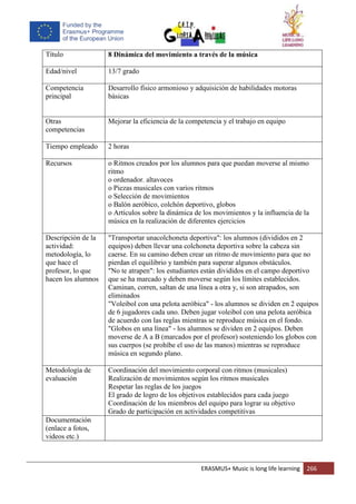 ERASMUS+ Music is long life learning 266
Título 8 Dinámica del movimiento a través de la música
Edad/nivel 13/7 grado
Competencia
principal
Desarrollo físico armonioso y adquisición de habilidades motoras
básicas
Otras
competencias
Mejorar la eficiencia de la competencia y el trabajo en equipo
Tiempo empleado 2 horas
Recursos o Ritmos creados por los alumnos para que puedan moverse al mismo
ritmo
o ordenador. altavoces
o Piezas musicales con varios ritmos
o Selección de movimientos
o Balón aeróbico, colchón deportivo, globos
o Artículos sobre la dinámica de los movimientos y la influencia de la
música en la realización de diferentes ejercicios
Descripción de la
actividad:
metodología, lo
que hace el
profesor, lo que
hacen los alumnos
"Transportar unacolchoneta deportiva": los alumnos (divididos en 2
equipos) deben llevar una colchoneta deportiva sobre la cabeza sin
caerse. En su camino deben crear un ritmo de movimiento para que no
pierdan el equilibrio y también para superar algunos obstáculos.
"No te atrapen": los estudiantes están divididos en el campo deportivo
que se ha marcado y deben moverse según los límites establecidos.
Caminan, corren, saltan de una línea a otra y, si son atrapados, son
eliminados
"Voleibol con una pelota aeróbica" - los alumnos se dividen en 2 equipos
de 6 jugadores cada uno. Deben jugar voleibol con una pelota aeróbica
de acuerdo con las reglas mientras se reproduce música en el fondo.
"Globos en una línea" - los alumnos se dividen en 2 equipos. Deben
moverse de A a B (marcados por el profesor) sosteniendo los globos con
sus cuerpos (se prohíbe el uso de las manos) mientras se reproduce
música en segundo plano.
Metodología de
evaluación
Coordinación del movimiento corporal con ritmos (musicales)
Realización de movimientos según los ritmos musicales
Respetar las reglas de los juegos
El grado de logro de los objetivos establecidos para cada juego
Coordinación de los miembros del equipo para lograr su objetivo
Grado de participación en actividades competitivas
Documentación
(enlace a fotos,
videos etc.)
 