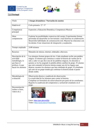 ERASMUS+ Music is long life learning 271
7.2.5 Portugal
Título 1 Juegos dramáticos / Narración de cuentos
Edad/nivel Ciclo primaria / 2º / 3º
Competencia
principal
Expresión y Educación Dramática; Competencia Musical
Otras
competencias
Explorar las posibilidades expresivas del cuerpo; Experimentar formas
personales de desarrollar un movimiento: crear historias en colaboración.
Desarrollar habilidades de comunicación oral; Mejorar las relaciones con
los demás; Crear situaciones de integración y aceptación;
Tiempo empleado 2x90 minutos
Recursos Manuales de música, internet, ordenador, altavoces.
Descripción de la
actividad:
metodología, lo
que hace el
profesor, lo que
hacen los alumnos
Los alumnos forman grupos de tres. Cada estudiante recibe una palabra
mágica. El alumno que comienza a contar la historia da vueltas por la
sala y cada vez que dice una de las palabras mágicas, los docentes a
quienes se les ha asignado la palabra deben cambiar de grupo. El alumno
que está contando la historia intenta ocupar uno de los lugares que
dejaron vacantes los alumnos que han cambiado de grupo. El estudiante
que está sin un grupo tendrá que continuar la historia desde el punto
donde estaba.
Metodología de
evaluación
Observación directa y cuadrícula de observación;
La creatividad de los alumnos para contar la historia;
Completar un formulario de autoevaluación por parte de los estudiantes;
Registre la cuadrícula del compromiso y actitud del estudiante en el
juego.
Documentación
(enlace a fotos,
videos etc.)
Fotos: https://goo.gl/eJmZDd
Video: https://youtu.be/coY7ka2HQ5g
 