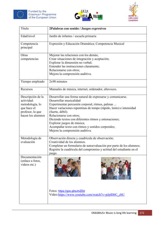ERASMUS+ Music is long life learning 272
Título 2Palabras con sonido / Juegos expresivos
Edad/nivel Jardín de infantes / escuela primaria
Competencia
principal
Expresión y Educación Dramática; Competencia Musical
Otras
competencias
Mejorar las relaciones con los demás;
Crear situaciones de integración y aceptación;
Explorar la dimensión no verbal;
Entender las instrucciones claramente;
Relacionarse con otros;
Mejora la comprensión auditiva.
Tiempo empleado 2x90 minutos
Recursos Manuales de música, internet, ordenador, altavoces.
Descripción de la
actividad:
metodología, lo
que hace el
profesor, lo que
hacen los alumnos
Desarrollar una forma natural de expresarse y comunicarse.
Desarrollar musicalidad
Experimentar percusión corporal, ritmos, palmas ...
Hacer variaciones repentinas de tempo (rápido, lento) e intensidad
(fuerte, débil).
Relacionarse con otros;
Diciendo textos con diferentes ritmos y entonaciones;
Explorar juegos de música;
Acompañar texto con ritmos y sonidos corporales;
Mejora la comprensión auditiva.
Metodología de
evaluación
Observación directa y cuadrícula de observación;
Creatividad de los alumnos.
Completar un formulario de autoevaluación por parte de los alumnos;
Registre la cuadrícula del compromiso y actitud del estudiante en el
juego.
Documentación
(enlace a fotos,
videos etc.)
Fotos: https://goo.gl/eJmZDd
Video:https://www.youtube.com/watch?v=pJpIH6C_zbU
 