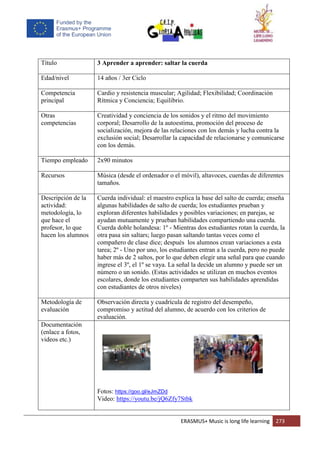 ERASMUS+ Music is long life learning 273
Título 3 Aprender a aprender: saltar la cuerda
Edad/nivel 14 años / 3er Ciclo
Competencia
principal
Cardio y resistencia muscular; Agilidad; Flexibilidad; Coordinación
Rítmica y Conciencia; Equilibrio.
Otras
competencias
Creatividad y conciencia de los sonidos y el ritmo del movimiento
corporal; Desarrollo de la autoestima, promoción del proceso de
socialización, mejora de las relaciones con los demás y lucha contra la
exclusión social; Desarrollar la capacidad de relacionarse y comunicarse
con los demás.
Tiempo empleado 2x90 minutos
Recursos Música (desde el ordenador o el móvil), altavoces, cuerdas de diferentes
tamaños.
Descripción de la
actividad:
metodología, lo
que hace el
profesor, lo que
hacen los alumnos
Cuerda individual: el maestro explica la base del salto de cuerda; enseña
algunas habilidades de salto de cuerda; los estudiantes prueban y
exploran diferentes habilidades y posibles variaciones; en parejas, se
ayudan mutuamente y prueban habilidades compartiendo una cuerda.
Cuerda doble holandesa: 1º - Mientras dos estudiantes rotan la cuerda, la
otra pasa sin saltars; luego pasan saltando tantas veces como el
compañero de clase dice; después los alumnos crean variaciones a esta
tarea; 2º - Uno por uno, los estudiantes entran a la cuerda, pero no puede
haber más de 2 saltos, por lo que deben elegir una señal para que cuando
ingrese el 3º, el 1º se vaya. La señal la decide un alumno y puede ser un
número o un sonido. (Estas actividades se utilizan en muchos eventos
escolares, donde los estudiantes comparten sus habilidades aprendidas
con estudiantes de otros niveles)
Metodología de
evaluación
Observación directa y cuadrícula de registro del desempeño,
compromiso y actitud del alumno, de acuerdo con los criterios de
evaluación.
Documentación
(enlace a fotos,
videos etc.)
Fotos: https://goo.gl/eJmZDd
Video: https://youtu.be/jQ6Zfy7Stbk
 