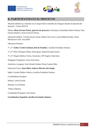 ERASMUS+ Music is long life learning 274
8.- PARTICIPANTES EN EL PROYECTO
Maestras definitivas e interinas en el colegio Gloria Arenillas de Zaragoza durante la duración del
proyecto. Cursos 2016/18
Música: Rosa Serrano Pastor, guía de este proyecto y Secretaria, Esmeralda Cubero Gimeno, Sara
Gascón Sancho y Jesús Carnicero Gracia.
Educación Infantil: Cristina García Tomás, Marta Calvo Jover, Laura Dalda González, Nuria
Buenacasa Cochi, Ana Isabel
Educación Primaria:
1º y 2º: Esther Carbó Carbonel, Jefa de Estudios y Josefina Fernández Jiménez.
3º y 4º: Pilar Velázquez Morte, Sonia Iguaz, Daniel Gonzalo Garcés
5º y 6º: Raquel Zaldívar Torres, Secretaria y Mª Ángeles Abad Jaén.
Pedagogía Terapéutica: Jesús Asín Grasa.
Audición y Lenguaje: Iziar Estrada Esteban, Elena Cuartero Blas.
Educación Física: Juan Oliete Andreu, Director del colegio.
Inglés: Lourdes Muñoz Cabeza y Josefina Fernández Jiménez.
Coordinadoras Europeas
Italiana: Letizia Foschi
Rumana: Livia Diosan
Polaca: Katarina
Coordinador Portugués: José Soares
Coordinadora Española: Josefina Fernández Jiménez
 