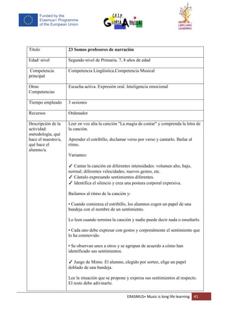 ERASMUS+ Music is long life learning 41
Título 23 Somos profesores de narración
Edad/ nivel Segundo nivel de Primaria. 7, 8 años de edad
Competencia
principal
Competencia Lingüística.Competencia Musical
Otras
Competencias
Escucha activa. Expresión oral. Inteligencia emocional
Tiempo empleado 3 sesiones
Recursos Ordenador
Descripción de la
actividad:
metodología, qué
hace el maestro/a,
qué hace el
alumno/a.
Leer en voz alta la canción "La magia de contar" y comprenda la letra de
la canción.
Aprender el estribillo, declamar verso por verso y cantarlo. Bailar al
ritmo.
Variantes:
✓ Cantar la canción en diferentes intensidades: volumen alto, bajo,
normal; diferentes velocidades; nuevos gestos, etc.
✓ Cántalo expresando sentimientos diferentes.
✓ Identifica el silencio y crea una postura corporal expresiva.
Bailamos al ritmo de la canción y:
• Cuando comienza el estribillo, los alumnos cogen un papel de una
bandeja con el nombre de un sentimiento.
Lo leen cuando termina la canción y nadie puede decir nada o enseñarlo.
• Cada uno debe expresar con gestos y corporalmente el sentimiento que
lo ha conmovido.
• Se observan unos a otros y se agrupan de acuerdo a cómo han
identificado sus sentimientos.
✓ Juego de Mimo. El alumno, elegido por sorteo, elige un papel
doblado de una bandeja.
Lee la situación que se propone y expresa sus sentimientos al respecto.
El resto debe adivinarlo.
 