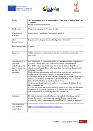 ERASMUS+ Music is long life learning 48
Título 28 Comprensión oral de una canción: "Hoy todo va a estar bien" (El
Arrebato).
Enviar un correo electrónico
Edad/ nivel 5º nivel de primaria 10, 11 años de edad
Competencia
principal
Competencia Lingüística.Competencia Musical
Otras
Competencias
Escucha activa. Expresión oral. Inteligencia emocional
Tiempo empleado 4 sesión
Recursos Tablet, auriculares para escuchar música, cuestionarios y audio de
canciones
Descripción de la
actividad:
metodología, qué
hace el maestro/a,
qué hace el
alumno/a.
Los alumnos de 5º tienen una cuenta de correo electrónico corporativo
de Gmail a través de la cual los maestros envían y reciben tareas.
Uno de los objetivos es el manejo del correo y el envío de archivos
adjuntos, para lo cual deben haber guardado previamente el documento
trabajado en su PC.
El ejercicio de comprensión oral tiene como objetivo que los alumnos
respondan un cuestionario después de escuchar una canción.
Se envió un correo electrónico con una tarea y dos archivos adjuntos por
correo a los alumnos: uno de sonido, la canción "Hoy todo va a estar
bien" de El Arrebato y un cuestionario en Word.
Tuvieron que descargar ambos archivos en su carpeta de trabajo de su
PC correspondiente.
Al escuchar la canción, con auriculares, tantas veces como sea necesario,
responden las preguntas y guardan el archivo en su ordenador, desde
donde se lo envían al profesor por correo electrónico.
Evaluación Ha sido un trabajo motivador; hemos mejorado la práctica de usar el
correo electrónico; Han tenido que trabajar de otra manera para
comprender los textos orales que los ha obligado a mejorar su atención.
Documentación
(link de fotos,
vídeos etc.)
http://ka2646wixsite.com/cuentosconmusica
 
