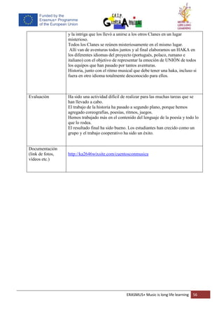 ERASMUS+ Music is long life learning 56
y la intriga que los llevó a unirse a los otros Clanes en un lugar
misterioso.
Todos los Clanes se reúnen misteriosamente en el mismo lugar.
Allí van de aventuras todos juntos y al final elaboramos un HAKA en
los diferentes idiomas del proyecto (portugués, polaco, rumano e
italiano) con el objetivo de representar la emoción de UNIÓN de todos
los equipos que han pasado por tantos aventuras.
Historia, junto con el ritmo musical que debe tener una haka, incluso si
fuera en otro idioma totalmente desconocido para ellos.
Evaluación Ha sido una actividad difícil de realizar para las muchas tareas que se
han llevado a cabo.
El trabajo de la historia ha pasado a segundo plano, porque hemos
agregado coreografías, poesías, ritmos, juegos.
Hemos trabajado más en el contenido del lenguaje de la poesía y todo lo
que lo rodea.
El resultado final ha sido bueno. Los estudiantes han crecido como un
grupo y el trabajo cooperativo ha sido un éxito.
Documentación
(link de fotos,
vídeos etc.)
http://ka2646wixsite.com/cuentosconmusica
 