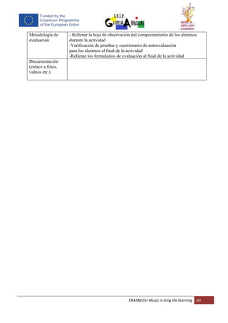 ERASMUS+ Music is long life learning 60
Metodología de
evaluación
- Rellenar la hoja de observación del comportamiento de los alumnos
durante la actividad
-Verificación de pruebas y cuestionario de autoevaluación
para los alumnos al final de la actividad
-Rellenar los formularios de evaluación al final de la actividad
Documentación
(enlace a fotos,
videos etc.)
 