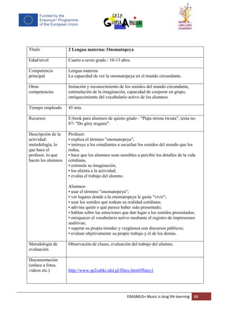 ERASMUS+ Music is long life learning 68
Título 2 Lengua materna: Onomatopeya
Edad/nivel Cuarto a sexto grado / 10-13 años.
Competencia
principal
Lengua materna
La capacidad de ver la onomatopeya en el mundo circundante.
Otras
competencias
Imitación y reconocimiento de los sonidos del mundo circundante,
estimulación de la imaginación, capacidad de cooperar en grupo,
enriquecimiento del vocabulario activo de los alumnos.
Tiempo empleado 45 min.
Recursos E-book para alumnos de quinto grado - "Piąta strona świata", tema no.
87- "Do góry nogami".
Descripción de la
actividad:
metodología, lo
que hace el
profesor, lo que
hacen los alumnos
Profesor:
• explica el término "onomatopeya";
• instruye a los estudiantes a escuchar los sonidos del mundo que los
rodea,
• hace que los alumnos sean sensibles a percibir los detalles de la vida
cotidiana,
• estimula su imaginación,
• los alienta a la actividad;
• evalúa el trabajo del alumno.
Alumnos:
• usar el término "onomatopeya";
• ver lugares donde a la onomatopeya le gusta "vivir";
• usar los sonidos que rodean su realidad cotidiana;
• adivina quién o qué parece haber sido presentado;
• hablan sobre las emociones que dan lugar a los sonidos presentados;
• enriquecer el vocabulario activo mediante el registro de impresiones
auditivas;
• superar su propia timidez y vergüenza con discursos públicos;
• evaluar objetivamente su propio trabajo y el de los demás.
Metodología de
evaluación
Observación de clases, evaluación del trabajo del alumno.
Documentación
(enlace a fotos,
videos etc.) http://www.sp2zabki.idsl.pl/filmy.html#flimy1
 