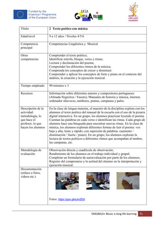 ERASMUS+ Music is long life learning 71
Título 2 Texto poético con música
Edad/nivel 9 a 12 años / Niveles 4/5/6
Competencia
principal
Competencias Lingüística y Musical
Otras
competencias
Comprender el texto poético;
Identificar estrofa, bloque, verso y rimas;
Lectura y declamación del poema;
Comprender los diferentes ritmos de la música;
Comprenda los conceptos de crecer y disminuir.
Comprender y aplicar los conceptos de forte y piano en el contexto del
análisis, la creación y la ejecución musical.
Tiempo empleado 90 minutos x 3
Recursos Información sobre diferentes autores y compositores portugueses
(Almada Negreiros / Fausto); Manuales de historia y música, internet,
ordenador altavoces, tambores, puntas, campanas y palos.
Descripción de la
actividad:
metodología, lo
que hace el
profesor, lo que
hacen los alumnos
En la clase de lengua materna, el maestro de la disciplina explora con los
alumnos el texto poético del manual de la escuela con el uso de la pizarra
digital interactiva. En un grupo, los alumnos practican leyendo el poema.
Cuentan las palabras en cada verso e identifican las rimas. Cada grupo de
alumnos hace una búsqueda para encontrar nuevas rimas. En la clase de
música, los alumnos exploran diferentes formas de leer el poema: voz
baja y alta; lento y rápido; con supresión de palabras. (aumento /
disminución / fuerte / piano). En un grupo, los alumnos exploran la
lectura de textos poéticos a diferentes ritmos que acompañan al tambor,
las campanas, etc.
Metodología de
evaluación
Observación directa y cuadrícula de observación;
Rendimiento de los alumnos en el trabajo individual y grupal;
Completar un formulario de autoevaluación por parte de los alumnos;
Registro del compromiso y la actitud del alumno en la interpretación y
ejecución musical.
Documentación
(enlace a fotos,
videos etc.)
Fotos: https://goo.gl/eJmZDd
 