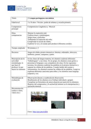 ERASMUS+ Music is long life learning 72
Título 3 Lengua portuguesa con música
Edad/nivel 3 a 10 años / Niveles: jardín de infantes y escuela primaria
Competencia
principal
Competencias Lingüística y Musical
Otras
competencias
Mejorar la expresión oral;
Explora rimas y trabalenguas;
Juega rimas y películas;
Trabajando la expresión del niño;
Comprende la noción de sílaba;
Explorar la voz y el cuerpo para producir diferentes sonidos.
Tiempo empleado 90 minutos x 3
Recursos Juegos de sílaba, pizarra interactivo; Internet, ordenador, altavoces,
tambores, puntas, campanas y palos.
Descripción de la
actividad:
metodología, lo
que hace el
profesor, lo que
hacen los alumnos
En las clases de lengua materna, los alumnos exploran diferentes
"trabalenguas" y sus rimas. En un grupo, los alumnos crean gestos y
presentan el lenguaje a sus compañeros de clase. En las siguientes
sesiones, los alumnos exploran las palabras en la pizarra interactiva y
separan las sílabas de las palabras. Usando latidos del cuerpo o
instrumentos, los alumnos cuentan las sílabas de las palabras. Luego se
exploran diferentes canciones para niños y los alumnos usan lenguaje
corporal y voz.
Metodología de
evaluación
Observación directa y cuadrícula de observación;
Rendimiento de los alumnos en el trabajo individual y grupal;
Completar un formulario de autoevaluación por parte de los alumnos;
Registro del compromiso y la actitud del alumno en la interpretación y
ejecución musical.
Documentación
(enlace a fotos,
videos etc.)
Fotos: https://goo.gl/eJmZDd
 