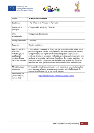 ERASMUS+ Music is long life learning 82
Título 8 Duración del sonido
Edad/nivel 1 ° y 2 ° nivel de Primaria 6, 7 y 8 años
Competencia
principal
Competencias Musical y Científica
Otras
competencias
Competencia Lingüística
Tiempo empleado 2 sesiones
Recursos Objetos metálicos.
Descripción de la
actividad:
metodología, lo
que hace el
profesor, lo que
hacen los alumnos
La duración corresponde al tiempo en que se mantienen las vibraciones
producidas por un sonido. Este parámetro está relacionado con el ritmo.
Este parámetro está representado en la onda por los segundos que
contiene. Es una de las cuatro cualidades esenciales del sonido junto con
la altura, la intensidad y el timbre. Se golpean dos objetos metálicos y se
escucha el sonido, calculando aproximadamente la duración. Se repite
pero con dos hilos que sirven como una transmisión de sonido al oído.
Metodología de
evaluación
Se logran los objetivos esperados y en la mayoría de los estudiantes hay
un proceso de reflexión antes de comenzar otra actividad tratando de
plantear una hipótesis de lo que puede suceder.
Documentación
(enlace a fotos,
videos etc.)
http://ka2646wixsite.com/music-sound-science
 