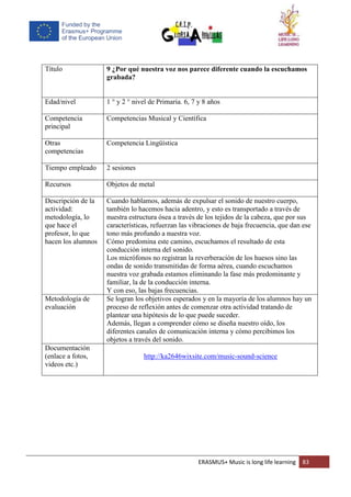 ERASMUS+ Music is long life learning 83
Título 9 ¿Por qué nuestra voz nos parece diferente cuando la escuchamos
grabada?
Edad/nivel 1 ° y 2 ° nivel de Primaria. 6, 7 y 8 años
Competencia
principal
Competencias Musical y Científica
Otras
competencias
Competencia Lingüística
Tiempo empleado 2 sesiones
Recursos Objetos de metal
Descripción de la
actividad:
metodología, lo
que hace el
profesor, lo que
hacen los alumnos
Cuando hablamos, además de expulsar el sonido de nuestro cuerpo,
también lo hacemos hacia adentro, y esto es transportado a través de
nuestra estructura ósea a través de los tejidos de la cabeza, que por sus
características, refuerzan las vibraciones de baja frecuencia, que dan ese
tono más profundo a nuestra voz.
Cómo predomina este camino, escuchamos el resultado de esta
conducción interna del sonido.
Los micrófonos no registran la reverberación de los huesos sino las
ondas de sonido transmitidas de forma aérea, cuando escuchamos
nuestra voz grabada estamos eliminando la fase más predominante y
familiar, la de la conducción interna.
Y con eso, las bajas frecuencias.
Metodología de
evaluación
Se logran los objetivos esperados y en la mayoría de los alumnos hay un
proceso de reflexión antes de comenzar otra actividad tratando de
plantear una hipótesis de lo que puede suceder.
Además, llegan a comprender cómo se diseña nuestro oído, los
diferentes canales de comunicación interna y cómo percibimos los
objetos a través del sonido.
Documentación
(enlace a fotos,
videos etc.)
http://ka2646wixsite.com/music-sound-science
 