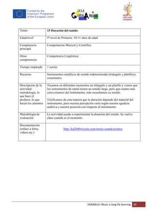 ERASMUS+ Music is long life learning 89
Título 15 Duración del sonido
Edad/nivel 5º nivel de Primaria. 10-11 años de edad
Competencia
principal
Competencias Musical y Científica
Otras
competencias
Competencia Lingüística
Tiempo empleado 1 sesión
Recursos Instrumentos metálicos de sonido indeterminado (triángulo y platillos);
cronómetro.
Descripción de la
actividad:
metodología, lo
que hace el
profesor, lo que
hacen los alumnos
Tocamos en diferentes momentos un triángulo y un platillo y vemos que
los instrumentos de metal tienen un sonido largo, pero que cuanto más
cerca estamos del instrumento, más escuchamos su sonido.
Verificamos de esta manera que la duración depende del material del
instrumento, pero nuestra percepción varía según nuestra agudeza
auditiva y nuestra posición con respecto al instrumento.
Metodología de
evaluación
La actividad ayuda a experimentar la duración del sonido. Se vuelve
claro cuando es el momento.
Documentación
(enlace a fotos,
videos etc.)
http://ka2646wixsite.com/music-sound-science
 