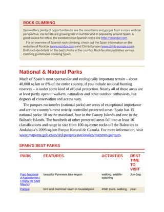 ROCK CLIMBING
Spain offers plenty of opportunities to see the mountains and gorges from a more vertical
perspective. Vie ferrate are growing fast in number and in popularity around Spain. A
good source for info is the excellent (but Spanish-only) site http:/
/deandar.com.
For an overview of Spanish rock climbing, check out the Spain information on the
websites of Rockfax (www.rockfax.com) and Climb Europe (www.climb-europe.com).
Both include details on the best climbs in the country. Rockfax also publishes various
climbing guidebooks covering Spain.
National & Natural Parks
Much of Spain’s most spectacular and ecologically important terrain – about
40,000 sq km or 8% of the entire country, if you include national hunting
reserves – is under some kind of official protection. Nearly all of these areas are
at least partly open to walkers, naturalists and other outdoor enthusiasts, but
degrees of conservation and access vary.
The parques nacionales (national parks) are areas of exceptional importance
and are the country’s most strictly controlled protected areas. Spain has 15
national parks: 10 on the mainland, four in the Canary Islands and one in the
Balearic Islands. The hundreds of other protected areas fall into at least 16
classifications and range in size from 100-sq-metre rocks off the Balearics to
Andalucía’s 2099-sq-km Parque Natural de Cazorla. For more information, visit
www.mapama.gob.es/es/red-parques-nacionales/nuestros-parques.
SPAIN’S BEST PARKS
PARK FEATURES ACTIVITIES BEST
TIME
TO
VISIT
Parc Nacional
d’Aigüestortes i
Estany de Sant
Maurici
beautiful Pyrenees lake region walking, wildlife-
watching
Jun-Sep
Parque bird and mammal haven in Guadalquivir 4WD tours, walking, year-
 