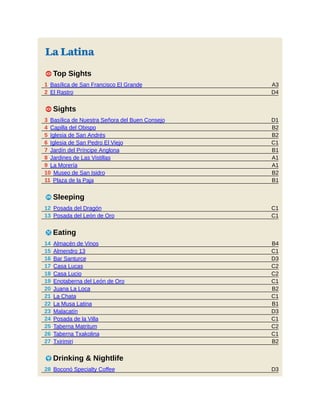 A3
D4
D1
B2
B2
C1
B1
A1
A1
B2
B1
C1
C1
B4
C1
D3
C2
C2
C1
B2
C1
B1
D3
C1
C2
C1
B2
D3
La Latina
1 Top Sights
1 Basílica de San Francisco El Grande
2 El Rastro
1 Sights
3 Basílica de Nuestra Señora del Buen Consejo
4 Capilla del Obispo
5 Iglesia de San Andrés
6 Iglesia de San Pedro El Viejo
7 Jardín del Príncipe Anglona
8 Jardines de Las Vistillas
9 La Morería
10 Museo de San Isidro
11 Plaza de la Paja
4 Sleeping
12 Posada del Dragón
13 Posada del León de Oro
5 Eating
14 Almacén de Vinos
15 Almendro 13
16 Bar Santurce
17 Casa Lucas
18 Casa Lucio
19 Enotaberna del León de Oro
20 Juana La Loca
21 La Chata
22 La Musa Latina
23 Malacatín
24 Posada de la Villa
25 Taberna Matritum
26 Taberna Txakolina
27 Txirimiri
6 Drinking & Nightlife
28 Boconó Specialty Coffee
 