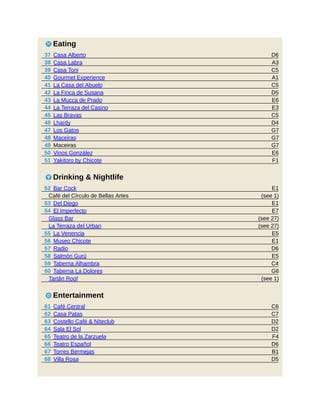 D6
A3
C5
A1
C5
D5
E6
E3
C5
D4
G7
G7
G7
E6
F1
E1
(see 1)
E1
E7
(see 27)
(see 27)
E5
E1
D6
E5
C4
G6
(see 1)
C6
C7
D2
D2
F4
D6
B1
D5
5 Eating
37 Casa Alberto
38 Casa Labra
39 Casa Toni
40 Gourmet Experience
41 La Casa del Abuelo
42 La Finca de Susana
43 La Mucca de Prado
44 La Terraza del Casino
45 Las Bravas
46 Lhardy
47 Los Gatos
48 Maceiras
49 Maceiras
50 Vinos González
51 Yakitoro by Chicote
6 Drinking & Nightlife
52 Bar Cock
Café del Círculo de Bellas Artes
53 Del Diego
54 El Imperfecto
Glass Bar
La Terraza del Urban
55 La Venencia
56 Museo Chicote
57 Radio
58 Salmón Gurú
59 Taberna Alhambra
60 Taberna La Dolores
Tartân Roof
3 Entertainment
61 Café Central
62 Casa Patas
63 Costello Café & Niteclub
64 Sala El Sol
65 Teatro de la Zarzuela
66 Teatro Español
67 Torres Bermejas
68 Villa Rosa
 