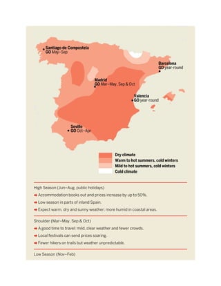 High Season (Jun–Aug, public holidays)
A Accommodation books out and prices increase by up to 50%.
A Low season in parts of inland Spain.
A Expect warm, dry and sunny weather; more humid in coastal areas.
Shoulder (Mar–May, Sep & Oct)
A A good time to travel: mild, clear weather and fewer crowds.
A Local festivals can send prices soaring.
A Fewer hikers on trails but weather unpredictable.
Low Season (Nov–Feb)
 