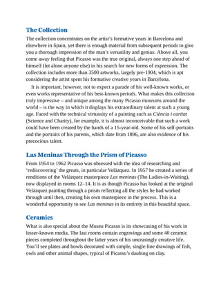 The Collection
The collection concentrates on the artist’s formative years in Barcelona and
elsewhere in Spain, yet there is enough material from subsequent periods to give
you a thorough impression of the man’s versatility and genius. Above all, you
come away feeling that Picasso was the true original, always one step ahead of
himself (let alone anyone else) in his search for new forms of expression. The
collection includes more than 3500 artworks, largely pre-1904, which is apt
considering the artist spent his formative creative years in Barcelona.
It is important, however, not to expect a parade of his well-known works, or
even works representative of his best-known periods. What makes this collection
truly impressive – and unique among the many Picasso museums around the
world – is the way in which it displays his extraordinary talent at such a young
age. Faced with the technical virtuosity of a painting such as Ciència i caritat
(Science and Charity), for example, it is almost inconceivable that such a work
could have been created by the hands of a 15-year-old. Some of his self-portraits
and the portraits of his parents, which date from 1896, are also evidence of his
precocious talent.
Las Meninas Through the Prism of Picasso
From 1954 to 1962 Picasso was obsessed with the idea of researching and
‘rediscovering’ the greats, in particular Velázquez. In 1957 he created a series of
renditions of the Velázquez masterpiece Las meninas (The Ladies-in-Waiting),
now displayed in rooms 12–14. It is as though Picasso has looked at the original
Velázquez painting through a prism reflecting all the styles he had worked
through until then, creating his own masterpiece in the process. This is a
wonderful opportunity to see Las meninas in its entirety in this beautiful space.
Ceramics
What is also special about the Museu Picasso is its showcasing of his work in
lesser-known media. The last rooms contain engravings and some 40 ceramic
pieces completed throughout the latter years of his unceasingly creative life.
You’ll see plates and bowls decorated with simple, single-line drawings of fish,
owls and other animal shapes, typical of Picasso’s daubing on clay.
 