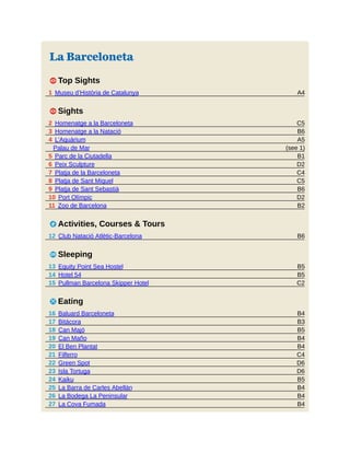 A4
C5
B6
A5
(see 1)
B1
D2
C4
C5
B6
D2
B2
B6
B5
B5
C2
B4
B3
B5
B4
B4
C4
D6
D6
B5
B4
B4
B4
La Barceloneta
1 Top Sights
1 Museu d’Història de Catalunya
1 Sights
2 Homenatge a la Barceloneta
3 Homenatge a la Natació
4 L’Aquàrium
Palau de Mar
5 Parc de la Ciutadella
6 Peix Sculpture
7 Platja de la Barceloneta
8 Platja de Sant Miquel
9 Platja de Sant Sebastià
10 Port Olímpic
11 Zoo de Barcelona
2 Activities, Courses & Tours
12 Club Natació Atlètic-Barcelona
4 Sleeping
13 Equity Point Sea Hostel
14 Hotel 54
15 Pullman Barcelona Skipper Hotel
5 Eating
16 Baluard Barceloneta
17 Bitácora
18 Can Majó
19 Can Maño
20 El Ben Plantat
21 Filferro
22 Green Spot
23 Isla Tortuga
24 Kaiku
25 La Barra de Carles Abellán
26 La Bodega La Peninsular
27 La Cova Fumada
 
