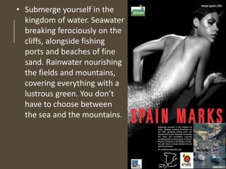 • Submerge yourself in the
kingdom of water. Seawater
breaking ferociously on the
cliffs, alongside fishing
ports and beaches of fine
sand. Rainwater nourishing
the fields and mountains,
covering everything with a
lustrous green. You don’t
have to choose between
the sea and the mountains.
 