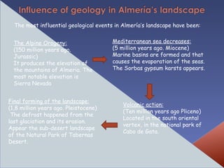The most influential geological events in Almería’s landscape have been:
The Alpine Orogeny:
(150 million years ago.
Jurassic)
It produces the elevation of
the mountains of Almeria. The
most notable elevation is
Sierra Nevada
Final forming of the landscape:
(1,8 million years ago. Pleistocene)
The defrost happened from the
last glaciation and its erosion.
Appear the sub-desert landscape
of the Natural Park of Tabernas
Desert.

Mediterranean sea decreases:
(5 million years ago. Miocene)
Marine basins are formed and that
causes the evaporation of the seas.
The Sorbas gypsum karsts appears.

Volcanic action:
(Ten million years ago Pliceno)
Located in the south oriental
vertex, in the national park of
Cabo de Gata.

 
