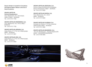 Grupo Antolin is located in 8 locations
throughout Spain. Below is the list of
these locations.
GRUPO ANTOLIN
Central Headquarters
Ctra. Madrid-Irún, Km. 244,8 Apdo.
2069 B, 09007 - BURGOS
Tel: +34 9 4747 7700
GRUPO ANTOLIN-INGENIERIA, S.A.
Ctra. Madrid-Irún, Km. 244,8, 09007 -
BURGOS
Tel: +34 9 4747 7700
GRUPO ANTOLIN-ARDASA, S.A.
López Bravo nº 11 Pol. Ind. Villalonquéjar,
09001 - BURGOS
Tel: +34 9 4747 3661
GRUPO ANTOLIN-ARA, S.A.
López Bravo nº 71 Pol. Ind. Villalonquéjar,
09001 - BURGOS
Tel: +34 9 4747 8600
GRUPO ANTOLIN-ARAGUSA, S.A.
Camino Casas del Monte de la Abadesa,
Parque Empresarial, 09001 - BURGOS
Tel: +34 9 4747 9500
GRUPO ANTOLIN-DAPSA, S.A.
Ctra. Madrid-Irún, Km. 244,8
09007 - BURGOS
Tel: +34 9 4747 8300
GRUPO ANTOLIN-PLASBUR, S.A.
Condado de Treviño nº 21 Pol. Industrial
Villalonquéjar 09001 - BURGOS
Tel: +34 9 4747 3080
GRUPO ANTOLIN-MAGNESIO, S.A.
Pol. Ind. Montenuevo - Avenida Madrid S/N
09320 - VALDORROS (BURGOS)
Tel: +34 9 4728 3600
12