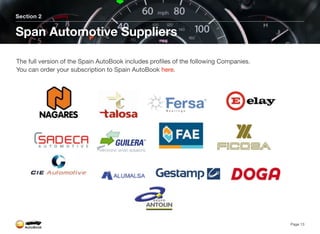 Section 2
Span Automotive Suppliers
Page 13
The full version of the Spain AutoBook includes profiles of the following Companies.
You can order your subscription to Spain AutoBook here.