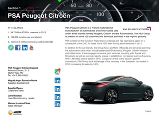 PSA Peugeot Citroën is a French multinational
manufacturer of automobiles and motorcycles sold
under three brands namely Peugeot, Citroën and DS Automobiles. The PSA Group
is present in some 100 countries and develops activities in six regions globally.
PSA is listed on the Euronext Paris stock exchange and has been back again on a
constituent of the CAC 40 index since 2015 after having been removed in 2012.
In addition to the car brands, the Group has a portfolio of brands and services spanning
the automotive value chain including Banque PSA Finance, Peugeot Citroën Moteurs
and Mister Auto. It also engages in several joint ventures including with Toyota and
Mitsubishi as well as owning majority stakes in established companies such as Faurecia.
With 1,864,000 vehicle sales in 2015, Europe is central to the Group’s growth
momentum. PSA Group took advantage of the recovery in the European car market in
2015, increasing its sales by 5.9%.
Section 1
AT A GLANCE
1. 54.7 billion EUR in revenue in 2015
2. 184,000 employees worldwide
3. Almost 3 million vehicles sold worldwide
PSA Peugeot Citroën
Page 8
PSA Peugeot Citroen España
Avenida Citroen, 3 - 5
36201 Vigo, PO
Tel: +34 9 8624 9500
Miguel Angel Fontela Garcia
Supplier development
Agustin Reyes
Corporate Sales
Julio Maseda
Lean Manufacturing Leader
Manuel Lozano Pérez
Sales Manager