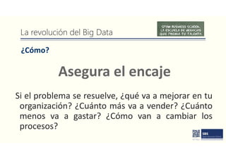 La revolución del Big Data
¿Cómo?
Si el problema se resuelve, ¿qué va a mejorar en tu
organización? ¿Cuánto más va a vender? ¿Cuánto
menos va a gastar? ¿Cómo van a cambiar los
procesos?
Asegura el encaje
 