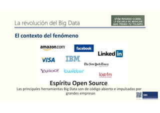 La revolución del Big Data
El contexto del fenómeno
Espíritu Open Source.
Las principales herramientas Big Data son de código abierto e impulsadas por
grandes empresas
 