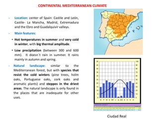 - Location: center of Spain: Castile and León,
Castile- La Mancha, Madrid, Extremadura
and the Ebro and Guadalquivir valleys.
- Main features:
• Hot temperatures in summer and very cold
in winter, with big thermal amplitude.
• Low precipitation (between 300 and 600
mm). It doesn´t rain in summer. It rains
mainly in autumn and spring.
- Natural landscape: similar to the
Mediterranean forest, but with species that
resist the cold winters (pine trees, holm
oaks, Portuguese oaks, cork oaks and
aromatic plants) and steppes in the driest
areas. The natural landscape is only found in
the places that are inadequate for other
uses.
CONTINENTAL MEDITERRANEAN CLIMATE
Ciudad Real
 