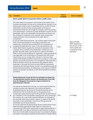 Doing Business 2014

No.

21

Spain

Procedure

Time to
complete

Cost to complete

Grant a public deed of incorporation before a public notary

3

The public deed of incorporation must include (a) the identity of the
company shareholders; (b) their will to incorporate the company; (c) the
disbursement made by each of shareholder and the number of shares
subscribed to by each; (d) the company bylaws; (e) the type of
administrative body that will manage the company; and (f) the identity
of its administrators or directors; (f) fiscal identification number for each
shareholder and for each shareholder representative and director; (g)
the certificate of uniqueness of the corporate name and the bankissued certification must be attached to the public deed of
incorporation.
It must be noted that Royal Decree -Law 13/2010, dated 13 December
2010, concerning measures for encouraging investments and
employment, introduced new procedures for the incorporation of
companies through electronic means. In the said procedures, the
1 day
Notary Public directly requests the certificate of uniqueness of the
corporate name on behalf of the shareholders. Furthermore, once
granted, the public deed is sent by electronic means by the Notary
Public to the Commercial Registry for registration. These procedures are
only applicable to the incorporation of companies that fulfill certain
requirements, such as, among others, having (i) a maximum share
capital of EUR 30,000 (simplified incorporation procedure) or EUR 3,100
(express incorporation procedure), (ii) a management body other than a
Board of Directors and (iii) use standard by-laws passed by official
authorities. In the event the future company fulfills all requirements
indicated by the said Royal Decree-Law and is incorporated through the
aforementioned procedures, the Notary fees can be reduced to EUR 60
(express incorporation procedure) or EUR 150 (simplified incorporation
procedure).

approximately
€500, depends on
the amount of the
share capital and
complexity of the
operation.

Submit Declaración Censal de Inicio de Actividad and obtain the
Tax Identification Number (Numero de Identificación Fiscal, NIF)
from the Delegación Provincial de la Agencia Estatal de la
Administración Tributaria

4

The definite Tax Identification Number can only be obtained after the
company has been duly registered in the Commercial Registry.
Notwithstanding this, the provisional Tax Identity Number can be
obtained from the Tax Authorities prior to the granting of the
incorporation public deed through the filing with the Tax Authorities of
(a) a declaration of the shareholders regarding their will to incorporate 1 day
the company, (b) a copy of the original certification of uniqueness of
the corporate name (see procedure 1 above), (c) copies of the identity
documents of the shareholders, and (d) form 036 signed by the
shareholder and the future director/s.
It must be noted that the Spanish Royal Decree 13/2010 (article 5) also
allows the Notary granting the Public Deed of incorporation to
companies that fulfill certain requirements to apply telemetrically for a
provisional NIF to the Agencia Estatal de la Administración Tributaria.
Once the Limited Liability Company has been incorporated the Registry
will notify it to the Agencia Estatal de la Administración Tributaria which

no charge

 