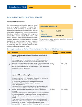 Doing Business 2014

32

Spain

DEALING WITH CONSTRUCTION PERMITS
What are the details?
The indicators reported here for Spain are based
on a set of specific procedures—the steps that a
company must complete to legally build a
warehouse—identified by Doing Business through
information collected from experts in construction
licensing, including architects, civil engineers,
construction lawyers, construction firms, utility
service providers and public officials who deal with
building regulations. These procedures are those
that apply to a company and structure matching
the standard assumptions used by Doing Business
in collecting the data (see the section in this
chapter on what the indicators cover).

BUILDING A WAREHOUSE
City :

Madrid

Estimated
Warehouse Value :

EUR 700,000

The procedures, along with the associated time and
cost, are summarized below.

Summary of procedures for dealing with construction permits in Spain —and the time and cost
No.

Procedure

Time to
complete

Cost to complete

Request and Obtain a Certificate of Compliance (Certificado de
Conformidad)

1

Prior to applying for the construction permit, BuildCo must obtain a
compliance certificate issued by ECLU (“Entidad Colaboradora en la
gestión de licencias urbanísticas”). The ECLU has 2 months to examine 60 days
the documentation and grant the compliance certificate.
Once the compliance certificate has been granted, it must be attached
to the building permit application.

EUR 7,312

Request and Obtain a building license

2

The relevant authority is the Municipality of Madrid. The documents
required to obtain the license are the following:
• A standardized application form and sheet containing the
characteristics of the construction properly completed
• Proof of payment of tax
• Declaration by one or more technical authors (architect and project
design specialists) that the project conforms to the appropriate town
90 days
planning regulations, and certificate of the structural feasibility, if
necessary
• Declaration of the promoter that a signboard has been posted at the
site to inform the public that a building license has been applied for
and to provide information about the proposed operations and
activities
• Three copies of the technical project designs signed by qualified
technician(s) and countersigned by the appropriate official institute (or
in this case, by the project’s administrative supervision office,
accompanied by the application sheets of the appropriate professional

EUR 28,000

 