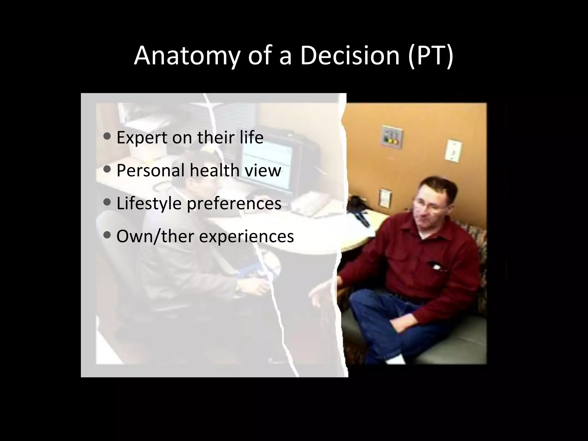 Anatomy of a Decision (PT)

• Expert on their life
• Personal health view
• Lifestyle preferences
• Own/ther experiences
 