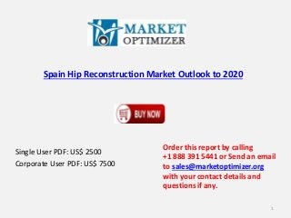 Spain Hip Reconstruction Market Outlook to 2020
Single User PDF: US$ 2500
Corporate User PDF: US$ 7500
Order this report by calling
+1 888 391 5441 or Send an email
to sales@marketoptimizer.org
with your contact details and
questions if any.
1
 