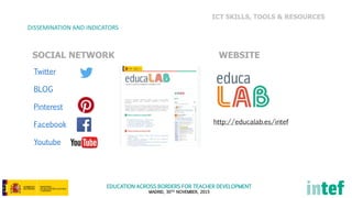 EDUCATION ACROSS BORDERS FOR TEACHER DEVELOPMENT
MADRID, 30TH NOVEMBER, 2015
DISSEMINATION AND INDICATORS
SOCIAL NETWORK WEBSITE
Twitter
BLOG
Pinterest
Facebook
Youtube
ICT SKILLS, TOOLS & RESOURCES
http://educalab.es/intef
 